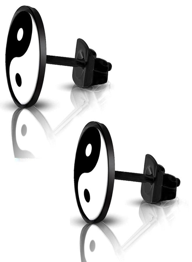 SIISPRI 316L Surgical Stainless Steel Yin Yang Round Circle Button Stud Post Earrings 10MM (black+silver) - Image 3